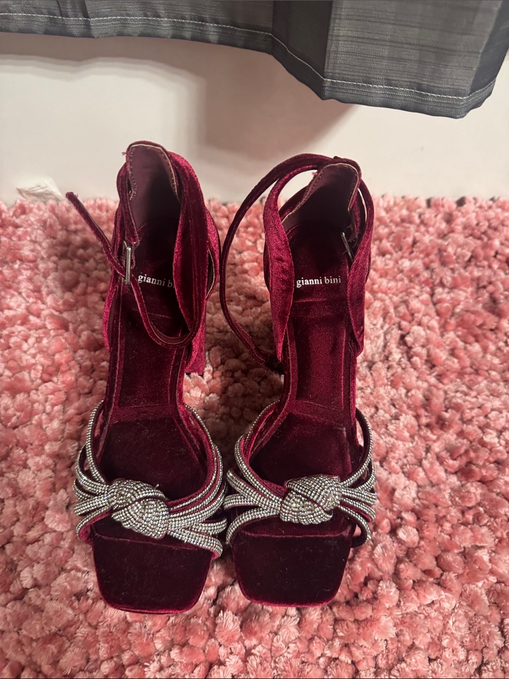 Gianni Bini Burgundy Velvet Ankle-Strap Heels with Crystal Knot Accent